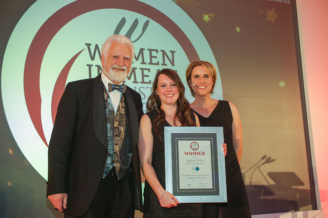 MEAT BUSINESSWOMAN AWARD: TRAINING & EDUCATION - (l-r) Award partner Bill Jermey of ftc, with Jemma Wiles of ABP Group and Katharine Merry.