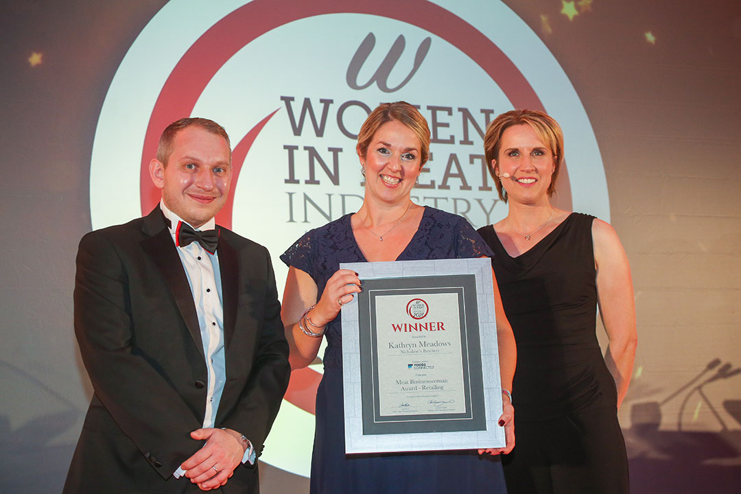 MEAT BUSINESSWOMAN AWARD: RETAILING - (l-r) Award partner Duncan Spencer Brown of Foods Connected, Kathryn Meadows of Nicholson’s Butchers and Katharine Merry.