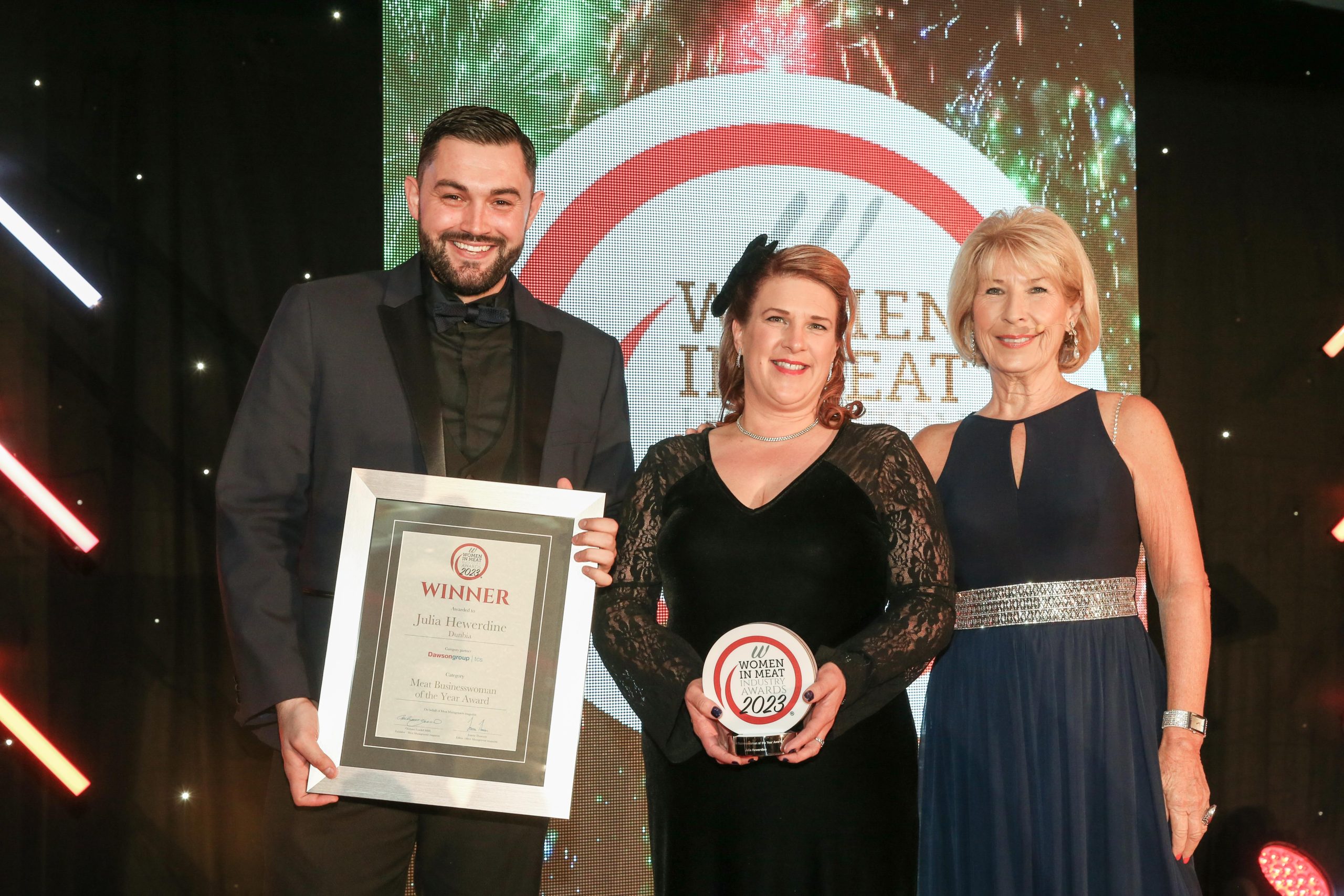 MEAT BUSINESSWOMAN AWARD: TRAINING & EDUCATION - (l-r) Award partner Bill Jermey of ftc, with Jemma Wiles of ABP Group and Katharine Merry.