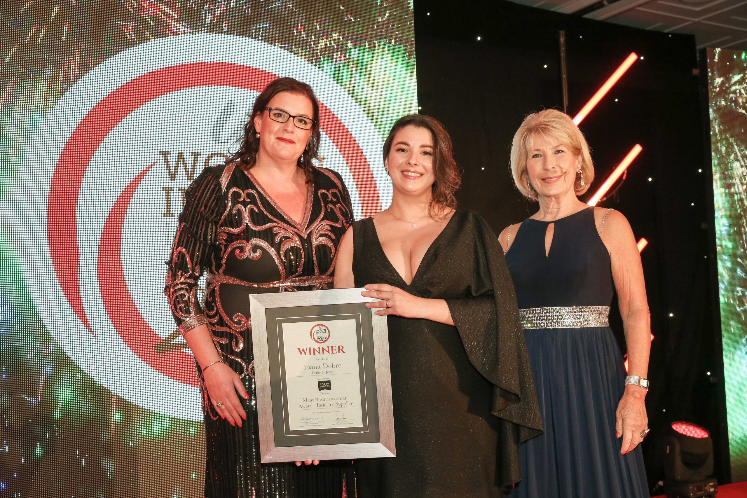 MEAT BUSINESSWOMAN AWARD: RETAILING - (l-r) Award partner Duncan Spencer Brown of Foods Connected, Kathryn Meadows of Nicholson’s Butchers and Katharine Merry.