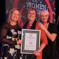 MEAT BUSINESSWOMAN AWARD: CRAFT BUTCHERY - Award partner Sam Tinsley of Cutting Edge Services, winner Sue Winders of Makro and Lesley Waters.