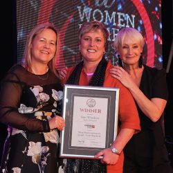 MEAT BUSINESSWOMAN AWARD: CRAFT BUTCHERY - Award partner Sam Tinsley of Cutting Edge Services, winner Sue Winders of Makro and Lesley Waters.