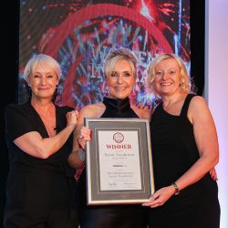 MEAT BUSINESWOMAN AWARD: FOODSERVICE - Lesley Waters, winner Penny Tomlinson of Fairfax Meadow and award partner Mary Hunter of Columbus.