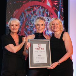 MEAT BUSINESWOMAN AWARD: FOODSERVICE - Lesley Waters, winner Penny Tomlinson of Fairfax Meadow and award partner Mary Hunter of Columbus.