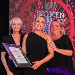 MEAT BUSINESSWOMAN AWARD: MANUFACTURING/PROCESSING - Lesley Waters, winner Lisa Hand of Dunbia and award partner Michelle Jackson of Proseal UK.