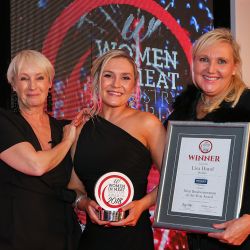 MEAT BUSINESSWOMAN OF THE YEAR AWARD - L-R: Lesley Waters, winner Lisa Hand of Dunbia and award partner Charlotte Huggins of Kerry.