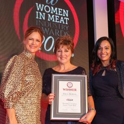 MEAT BUSINESSWOMAN AWARD: TRADE BODY – Award partner Ravinder Sidhu of Marel (right), winner Elwen Roberts of Meat Promotion Wales and Katie Derham.
