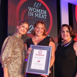 MEAT BUSINESSWOMAN AWARD: FOODSERVICE - Award partner Vanessa Di Cuffa of ABP (right), winner Rebecca Hinton of Tulip Ltd and Katie Derham.