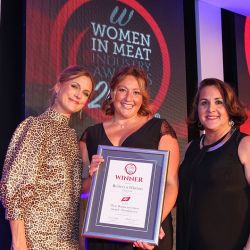 MEAT BUSINESSWOMAN AWARD: FOODSERVICE - Award partner Vanessa Di Cuffa of ABP (right), winner Rebecca Hinton of Tulip Ltd and Katie Derham.