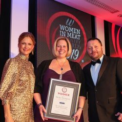 MEAT BUSINESSWOMAN AWARD: WHOLESALING - Award partner James Bristow of Reiser, winner Nicola Thompson of Towers Thompson and Katie Derham.