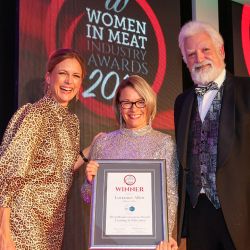 MEAT BUSINESSWOMAN AWARD: TRAINING & EDUCATION - Award partner Bill Jermey of ftc, winner Lucianne Allen of Aubrey Allen and Katie Derham.