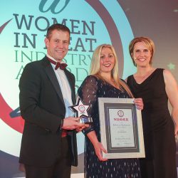 THE RISING STAR AWARD - (l-r) Award partner James Smith of Kelsec Europe with Rebecca Robinson of Becky’s Butchers and Katharine Merry. THE RISING STAR AWARD - (l-r) Award partner James Smith of Kelsec with Rebecca Robinson of Becky’s Butchers and Katharine Merry.