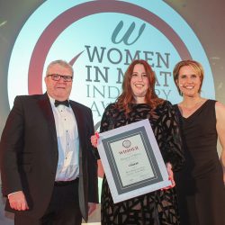 MEAT BUSINESSWOMAN AWARD: TRADE BODY - (l-r) Award partner Arthur Pynenburg of Marel and Eleanor O’Brien of NCB with Katherine Merry. MEAT BUSINESSWOMAN AWARD: TRADE BODY - (l-r) Award partner Arthur Pynenburg of Marel and Eleanor O’Brien of NCB with Katherine Merry.