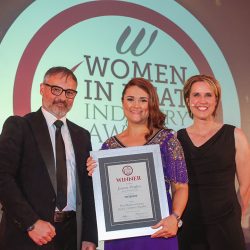 MEAT BUSINESSWOMAN AWARD: INDUSTRY SUPPLIER - (l-r) Award partner Thomas G Neher of Provisur, Joanne Hughes of Foyle Food Group and Katharine Merry. MEAT BUSINESSWOMAN AWARD: INDUSTRY SUPPLIER - (l-r) Award partner Thomas G Neher of Provisur, Joanne Hughes of Foyle Food Group and Katharine Merry.