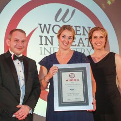 MEAT BUSINESSWOMAN AWARD: RETAILING - (l-r) Award partner Duncan Spencer Brown of Foods Connected, Kathryn Meadows of Nicholson’s Butchers and Katharine Merry. MEAT BUSINESSWOMAN AWARD: RETAILING - (l-r) Award partner Duncan Spencer Brown of Foods Connected, Kathryn Meadows of Nicholson’s Butchers and Katharine Merry.