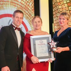 The Rising Star Award: Winner - Kate Blackett, Dawn Meats Group. (l-r) James Smith of category partner Kalsec Europe, Kate Blackett and co-host Rachel Allen.
