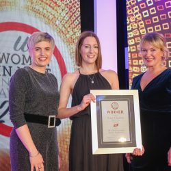 Meat Businesswoman Award – Foodservice: Winner – Tracy Charlton, Pilgrim’s UK. (l-r) Elaine Willis of category partner ABP UK, with Tracy Charlton and Rachel Allen.