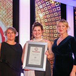 Meat Businesswoman Award – Craft Butchery: Winner – Harriet Gibbs, Grooms Farm Shop. (l-r) Michelle White of category partner Dunbia, Harriet Gibbs and Rachel Allen.