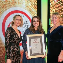 Meat Businesswoman Award – Poultry: Winner – Katia Feliz, Moy Park. (l-r) Sally Molyneux of category partner Klockner Pentaplast, with Katia Feliz and co-host Rachel Allen.