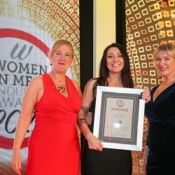 Meat Businesswoman Award – Training and Education: Winner – Lucy Bean, Dunbia. (l-r) Christine Walsh of category partner ftc, with Lucy Bean and Rachel Allen.