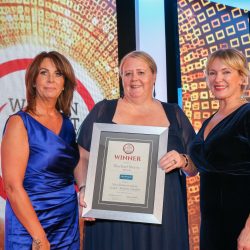Meat Businesswoman Award – Industry Supplier: Winner – Rachael Storey, ABP UK. (l-r) Gail Allen of category partner Provisur UK, Rachael Storey and awards co-host Rachel Allen.