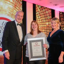 Meat Businesswoman Award – Independent Retailing: Winner – Michelle Holsey, Butcher’s Block Bromsgrove. (l-r) Rob Smith of category partner Danish Crown, alongside Michelle Holsey and Rachel Allen.