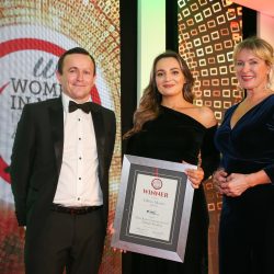 Meat Businesswoman Award – Multiple Retailing: Winner – Olivia Morris, ABP UK. (l-r) Gwilym Jones of category partner Foods Connected, Olivia Morris and co-host Rachel Allen.