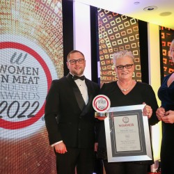 Meat Businesswoman of the Year: Winner – Michelle Low, Morrisons Manufacturing – Woodhead Bros. (l-r) Michael Sansum of category partner Dawson Group, Michelle Low and awards co-host Rachel Allen.
