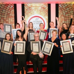 The Women In Meat Industry Awards winners and ceremony co-host Rachel Allen with their accolades aloft.