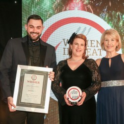 Meat Businesswoman of the Year Award: Winner – Julia Hewerdine, Dunbia. (L-R) Kurtis Osborne of category partner Dawsongroup, Julia Hewerdine and Jennie Bond.