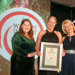 Meat Businesswoman Award – Foodservice (Catering Butcher): Winner – Diane Lumley, Becketts Foods Ltd. (L-R) Mairead McCullough of category partner ABP, Diane Lumley and Jennie Bond.