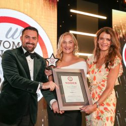 The Rising Star Award: Winner – Leisia Tudor, Dunbia. (L-R) Andrés Cesano of category partner Viscofan UK, Leisia Tudor and Annabel Croft.