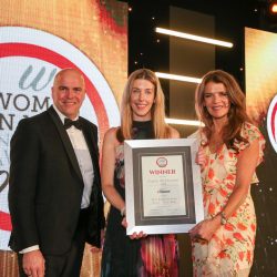 Meat Businesswoman Award – Trade Body: Winner – Carrie McDermid, AHDB. (L-R) Graeme Rolinson of category partner Marel, Carrie McDermid and Annabel Croft.