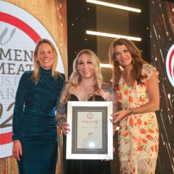 Meat Businesswoman Award – Foodservice: Winner – Rachael Martin, Creed Foodservice Ltd. (L-R) Sarah-Jane Fulton of category partner ABP UK, Rachael Martin and Annabel Croft.
