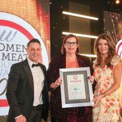 Meat Businesswoman Award – Wholesaling: Francesca Wyatt, Porky Whites Ltd. (L-R) Paul Kearney of category partner Interfood Technology, Francesca Wyatt and Annabel Croft.
