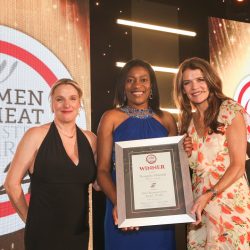 Meat Businesswoman Award – Poultry: Winner – Nompilo Sibanda, Pilgrim’s Europe. (L-R) Rebecca Harris of category partner KP, Nompilo Sibanda and Annabel Croft.