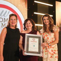 Meat Businesswoman Award – Training & Education: Winner – Alina Hancu, Pilgrim’s Europe. (L-R) Christine Walsh of category partner FTC, Alina Hancu and Annabel Croft.
