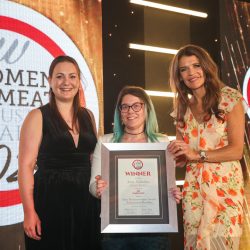 Meat Businesswoman Award – Independent Retailing: Winner – Amy Nicholas, Morgan’s Butchers. (L-R) Caroline Hostettler-Smith of category partner Danish Crown, Amy Nicholas and Annabel Croft.