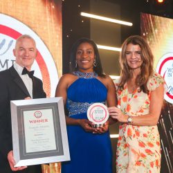 Meat Businesswoman of the Year Award: Winner – Nompilo Sibanda, Pilgrim’s Europe. (L-R) Rod Benham of category partner Dawsongroup, Nompilo Sibanda and Annabel Croft.