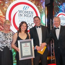 Meat Businesswoman Award – Trade Body: Winner – Nan Jones, BMPA. (L-R) Julie Peasgood, Nan Jones, Barry Jackson of category partner JBT Marel and Rory Bremner.