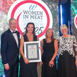 Meat Businesswoman Award – Foodservice (Catering Butcher): Winner – Rachael Hirst, Sykes House Farm. (L-R) Rory Bremner, Rachael Hirst, Lindsey Buckley of category partner ABP UK and Julie Peasgood.