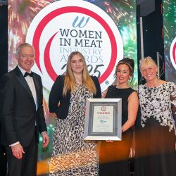 Meat Businesswoman Award – Wholesaling: Winner – Adele Rooney, Kings Fine Cooked Meats. (L-R) Rory Bremner, Tiffany Mitchell of category partner Interfood Technology Ltd, Adele Rooney and Julie Peasgood.