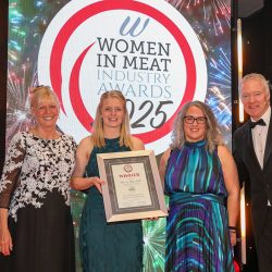 Meat Businesswoman Award – Craft Butchery: Winner – Shona Marshall, Marshall’s Farm Shop. (L-R) Julie Peasgood, Shona Marshall, Michelle White of category partner Dunbia and Rory Bremner.