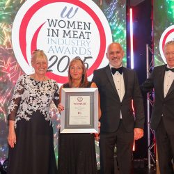 Meat Businesswoman Award – Training & Education: Winner – Kate Taylor, ABP UK. (L-R) Julie Peasgood, Lindsey Buckley of ABP UK (receiving the award on behalf of Kate Taylor), Dave Smith of category partner the Institute of Meat and Rory Bremner.