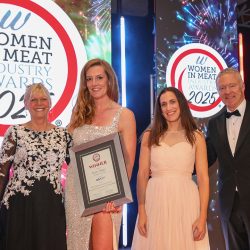 Meat Businesswoman Award – Livestock Procurement & Sustainability: Winner – Katie Major, Danish Crown UK. (L-R) Julie Peasgood, Katie Major, Sarah Merewood of category partner GEA and Rory Bremner.