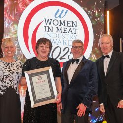 Meat Businesswoman Award – Independent Retailing: Winner – Alison Gault-More, W. Reid Butchers. (L-R) Julie Peasgood, Alison Gault-More, Chris Bayliss of category partner Christeyns Food Hygiene and Rory Bremner.