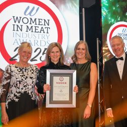 Meat Businesswoman Award – Multiple Retailing: Winner – Kate Smith-Bingham, Waitrose & Partners. (L-R) Julie Peasgood, Kate Smith-Bingham, Ashleigh Scarlett of category partner Pilgrim’s Europe and Rory Bremner.