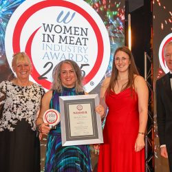 Meat Businesswoman of the Year Award: Winner – Michelle White, Dawn Meats. (L-R) Julie Peasgood, Michelle White, Nadine Lewis of category partner Dawsongroup TCS and Rory Bremner.